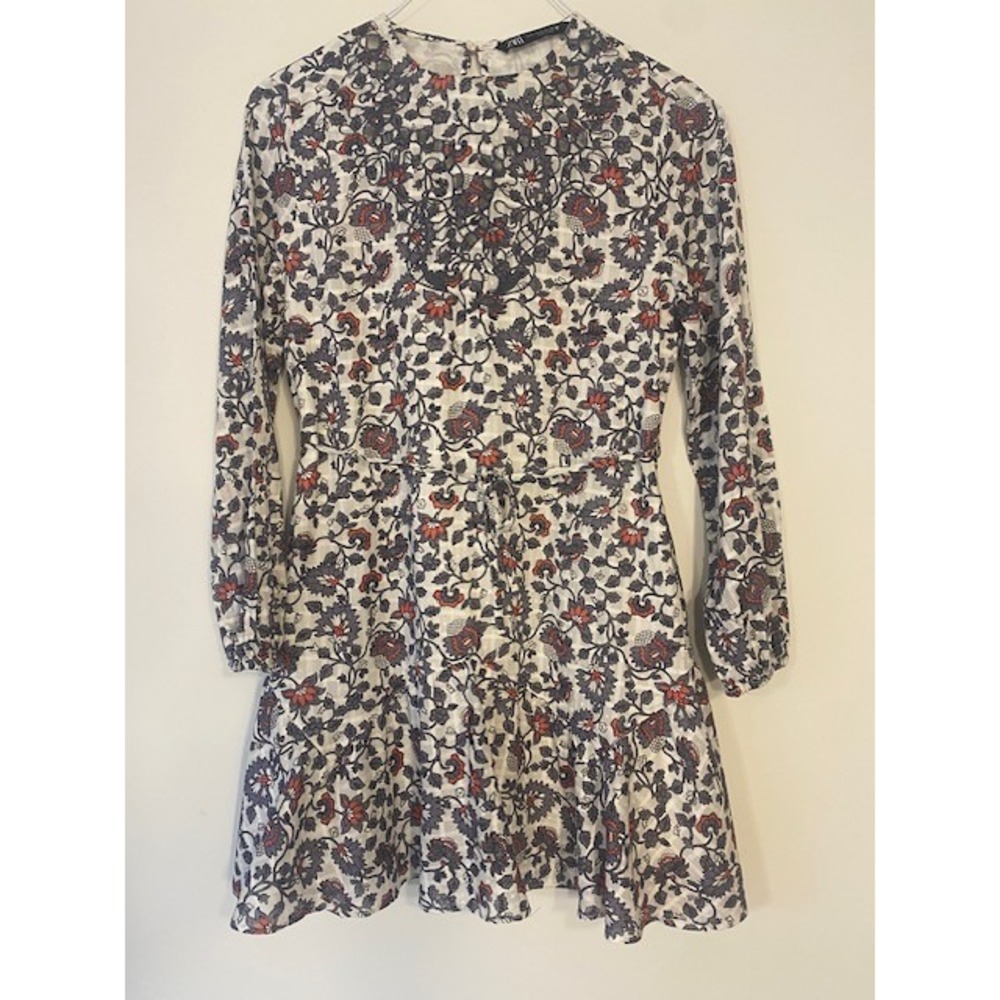 Zara Floral Embroidered Mini‎ Dress Blue Red Long Sleeve Tie Waist Size Small